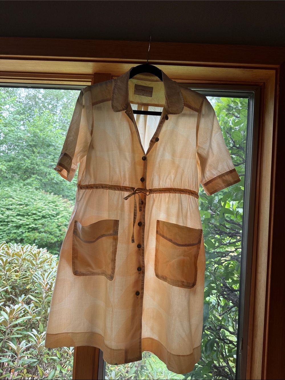 Light Cream Short-Sleeve Button-Front Mini Dress with Tan Trim